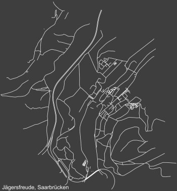 Alman bölgesel başkenti Saarbrucken, Almanya 'nın JGERSFREUDE DISTRICT şehir haritasının beyaz çizgileri koyu gri arkaplan üzerine ayrıntılı seyrüsefer