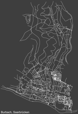 Alman bölgesel başkenti Saarbrucken, Almanya 'nın BURBACH DISTRICT şehir haritası üzerinde koyu gri arka plan üzerine ayrıntılı olumsuz navigasyon beyaz çizgileri