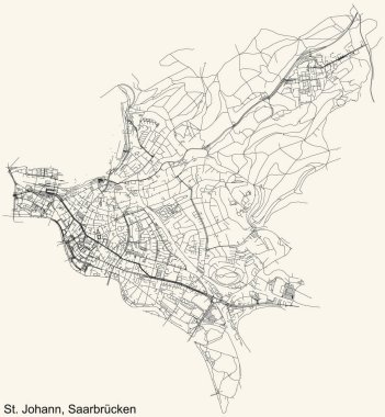 Almanya 'nın Saarbrucken bölgesinin bölgesel başkenti Saarbrucken kentindeki ST. JOHANN DISTRICT kentsel yol haritasının ayrıntılı seyir çizgileri