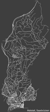 Alman bölgesel başkenti Saarbrucken, Almanya 'nın MALSTATT DISTRICT' nin koyu gri arkaplanlı şehir şehir haritasının ayrıntılı negatif navigasyon beyaz çizgileri