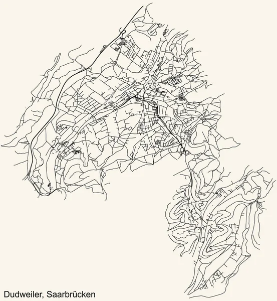 Alman bölgesel başkenti Saarbrucken 'in DUDweILER BOROUGH, Almanya' nın klasik bej arka plan haritasının ayrıntılı navigasyon siyah hatları