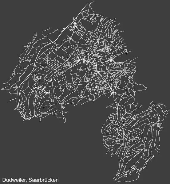 Alman bölgesel başkenti Saarbrucken 'in DUDweILER BOROUGH, Almanya' nın koyu gri arka planında şehir caddelerinin detaylı haritası