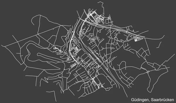 Alman bölgesel başkenti Saarbrucken, Almanya 'nın GDINGEN DISTRICT kentsel yol haritasının ayrıntılı olumsuz seyrüsefer beyaz çizgileri koyu gri arka planda
