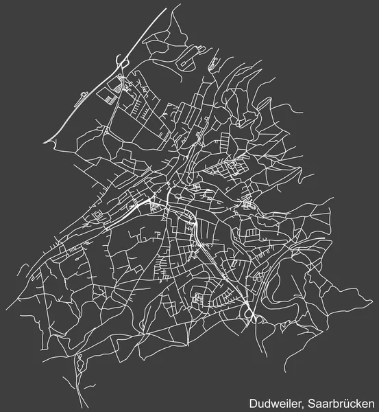 Szczegółowa Negatywna Nawigacja Białe Linie Ulice Miejskie Mapa Dudweiler District — Wektor stockowy