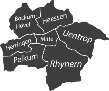 HAMM 'in koyu gri düz vektör idari haritası, bölgelerinin isim etiketleri ve beyaz sınır çizgileriyle GERMANY