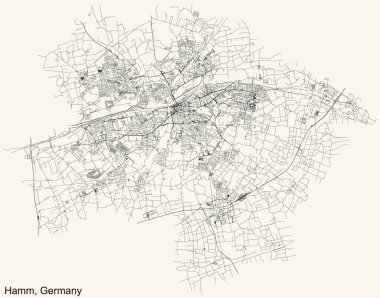 Alman bölgesel başkenti HAMM, GERMANY 'nin klasik bej arkaplan üzerindeki kentsel sokak haritasının ayrıntılı navigasyon siyah hatları