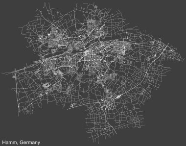 Alman bölgesel başkenti HAMM, GERMANY 'ın koyu gri arkaplan üzerindeki şehir haritasının ayrıntılı negatif seyrüsefer beyaz çizgileri.