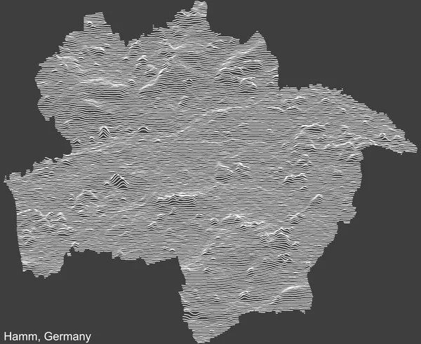 暗い灰色の背景に白い輪郭線でドイツのハム市の地形の負の救済マップ — ストックベクタ