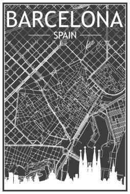BARCELONA şehir merkezinin koyu gri arka planında panoramik silueti ve elle çizilmiş sokak ağıyla koyu renkli şehir afişi, SPAIN