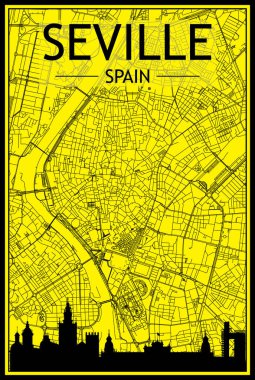 Şehir merkezinin sarı ve siyah arka planında panoramik silueti ve elle çizilmiş sokak ağıyla altın baskılı şehir posteri, SPAIN