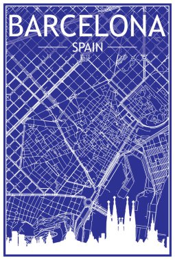 BARCELONA, SPAIN 'in mavi arka planında panoramik silueti ve elle çizilmiş sokak ağıyla teknik şehir afişi.