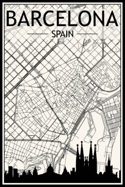 Panoramik silueti ve el çizimi sokak ağı olan açık renkli şehir posteri BARCELONA şehir merkezinin klasik bej arka planı, SPAIN