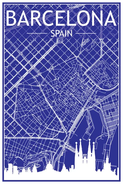 Техническая Распечатка Городского Плаката Панорамным Горизонтом Нарисованной Вручную Сетью Улиц — стоковый вектор