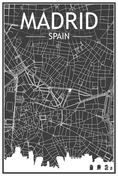 Madrid 의어두운 배경에 파노라마 모양의 스카이라인 손으로 네트워크가 어두운 포스터 — 스톡 벡터