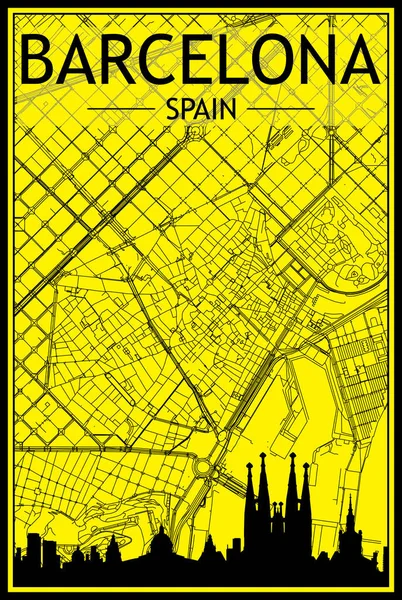 황금으로 포스터에는 파노라마로 손으로 네트워크가 스페인의 바스카 시내의 노란색 배경에 — 스톡 벡터