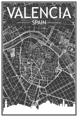 VALENCIA şehir merkezinin koyu gri arka planında panoramik silueti ve elle çizilmiş sokak ağı olan koyu renkli şehir afişi, İspanya