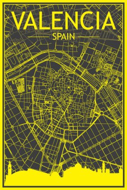 Sarı renkli şehir posteri, panoramik silueti ve el çizimi sokak ağı ile VALENCIA şehir merkezinin koyu gri arka planı, SPAIN