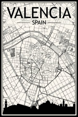VALENCIA şehir merkezinin klasik bej arka planında panoramik silueti ve elle çizilmiş sokak ağıyla açık renkli şehir posteri, SPAIN