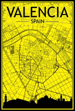 VALENCIA şehir merkezinin sarı ve siyah arka planında panoramik silueti ve elle çizilmiş sokak ağıyla altın renkli şehir afişi, SPAIN