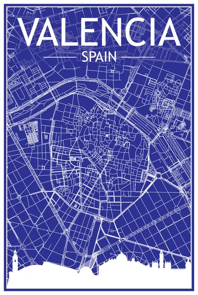 VALENCIA şehir merkezinin mavi arka planında panoramik silueti ve elle çizilmiş sokak ağı olan şehir posterinin teknik çıktısı.