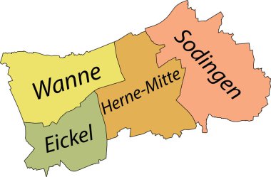 HERNE 'nin Pastel düz vektör idari haritası, bölgelerinin isim etiketleri ve siyah sınır çizgileriyle Almanya