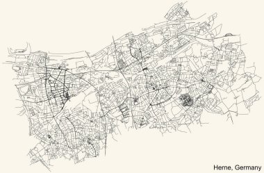 Alman bölgesel şehri HERNE, GERMANY 'nin klasik bej arka plan üzerindeki kentsel sokak haritasının ayrıntılı navigasyon siyah hatları