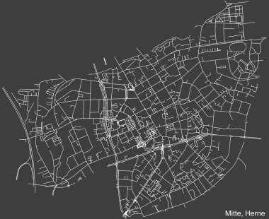 Almanya 'nın başkenti Herne' nin HERNE-MITTE DISTRICT 'inin koyu gri arka plan üzerindeki şehir caddelerinin ayrıntılı haritası