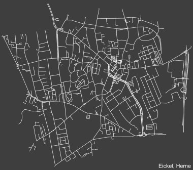 Almanya 'nın başkenti Herne' nin EICKEL DISTRICT 'inin koyu gri arkaplan üzerindeki şehir caddelerinin ayrıntılı haritası