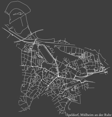 Almanya 'nın Mulheim an der Ruhr bölgesindeki SPELDORF DISTRICT kentsel yol haritasının ayrıntılı olumsuz seyrüsefer beyaz çizgileri koyu gri arka planda