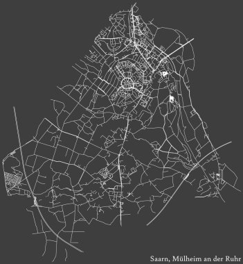 Alman bölgesel şehri Mulheim an der Ruhr 'un SAARN DISTRICT haritasının beyaz yol çizgileri koyu gri arka planda ayrıntılı şekilde çizildi