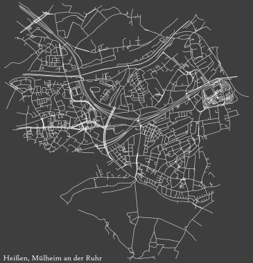 Almanya 'nın Mulheim an der Ruhr bölgesindeki HEISSEN DISTRICT kentsel yol haritasının ayrıntılı olumsuz seyrüsefer beyaz çizgileri koyu gri arka planda
