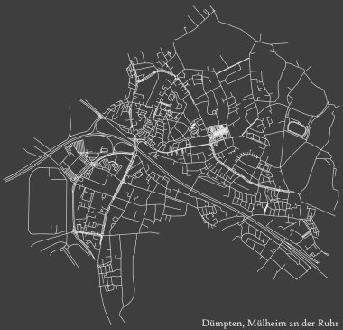 Alman bölgesel kenti Mulheim an der Ruhr 'un DMPTEN DISTRICT' sinin şehir caddeleri haritası koyu gri arka plan üzerine ayrıntılı olumsuz navigasyon beyaz çizgileri