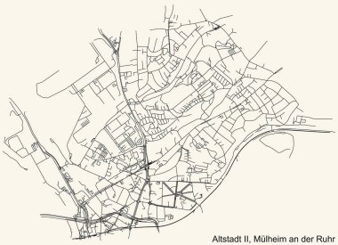 Alman bölgesel kenti Mulheim an der Ruhr 'un ALTSTADT II DISTRICT şehir haritasının ayrıntılı seyrüsefer kara hatları