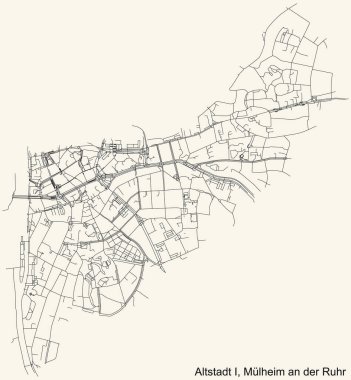Alman bölgesel kenti Mulheim an der Ruhr 'un ALTSTADT I DISTRICT şehir haritasının ayrıntılı navigasyon kara hatları