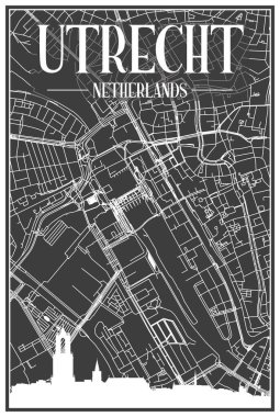 Şehir merkezindeki UTRECHT, NETHERLANDS 'in koyu gri arka planında panoramik silueti ve elle çizilmiş sokak ağı olan koyu renkli bir afiş.