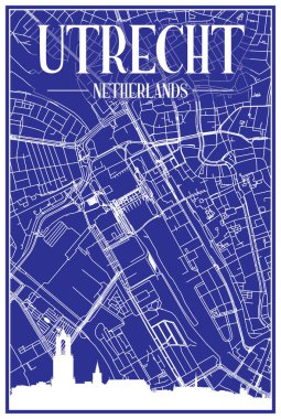 UTRECHT, NETHERLANDS 'in mavi arka planında panoramik silueti ve elle çizilmiş sokak ağı olan şehir posterinin teknik çıktısı.