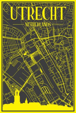 UTRECHT, NETHERLANDS 'in koyu gri arka planında panoramik silueti ve elle çizilmiş sokak ağıyla sarı baskı şehir posteri