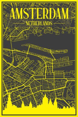 Panoramik silueti olan sarı renkli şehir posteri ve AMSTERDAM, NETHERLANDS şehir merkezinin koyu gri arka planında elle çizilmiş sokak ağı