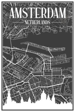 Panoramik silueti ve el çizimi sokak ağıyla kaplanmış koyu gri arka plan AMSTERDAM, NETHERLANDS