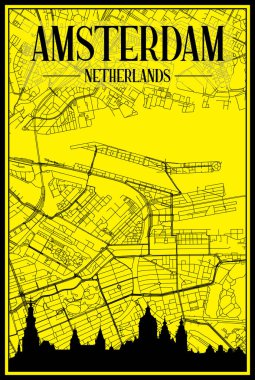 Panoramik silueti olan altın renkli şehir posteri ve AMSTERDAM, NETHERLANDS şehir merkezinin sarı ve siyah arkaplan üzerine elle çizilmiş sokak ağı