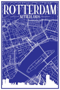 Şehir merkezindeki ROTTERDAM, NETHERLANDS 'ın mavi arka planında panoramik silueti ve elle çizilmiş sokak şebekesi olan şehir posterinin teknik çıktısını alıyorum.