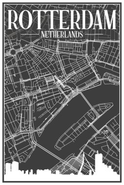 ROTTERDAM, NETHERLANDS 'ın koyu gri arka planında panoramik silueti ve elle çizilmiş sokak ağlı koyu renkli şehir posteri