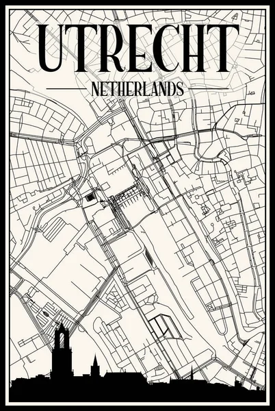 Şehir Merkezindeki Utrecht Netherlands Klasik Bej Arka Planında Panoramik Silueti — Stok Vektör
