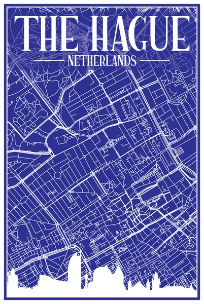 Teknik Olarak Panoramik Silueti Olan Şehir Posterleri Çizimi Caddeler Mavi — Stok Vektör
