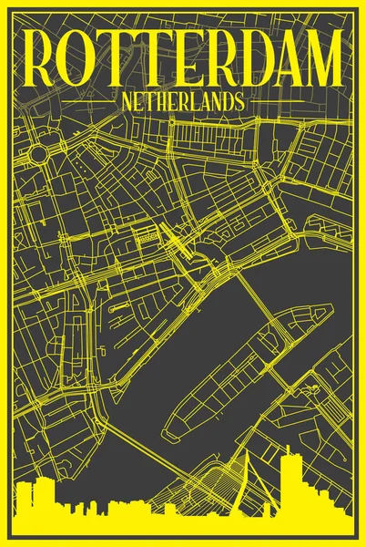 Gelbes Stadtplakat Mit Panoramischer Skyline Und Handgezeichnetem Straßennetz Auf Dunkelgrauem — Stockvektor