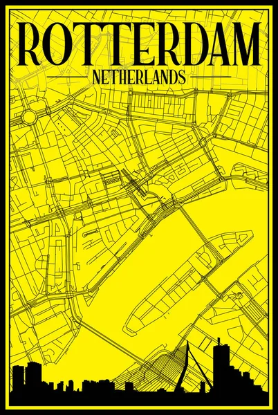 Goldenes Stadtplakat Mit Panoramischer Skyline Und Handgezeichnetem Straßennetz Auf Gelb — Stockvektor