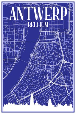 ANTWERP, BELGIUM 'un mavi arka planında panoramik siluet ve elle çizilmiş sokak şebekesi olan şehir posterinin teknik çıktısı.