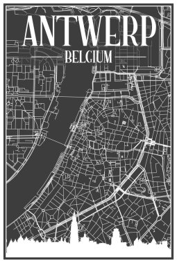 ANTWERP, BELGIUM şehir merkezinin koyu gri arka planında panoramik silueti ve elle çizilmiş sokak ağı olan koyu renkli şehir posteri