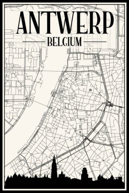 Panoramik silueti ve el çizimi sokak ağıyla birlikte şehrin klasik bej arka planı ANTWERP, BELGIUM