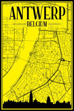 Panoramik silueti olan altın renkli şehir posteri ve el çizimi sokak ağı ANTWERP şehir merkezinin sarı ve siyah arkaplanı, BELGIUM